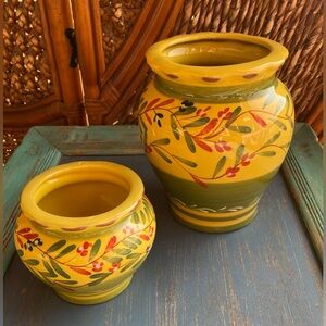 Boston Warehouse Yellow and Green Floral Vases Pottery Painted